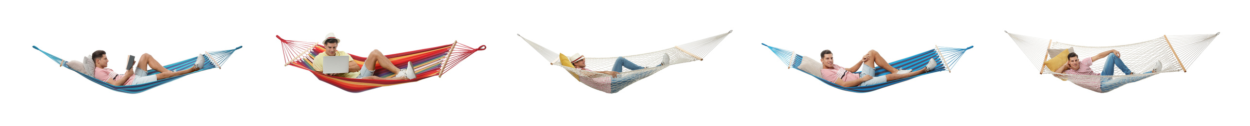 Image of Collage with man resting in different hammocks on white background. Banner design