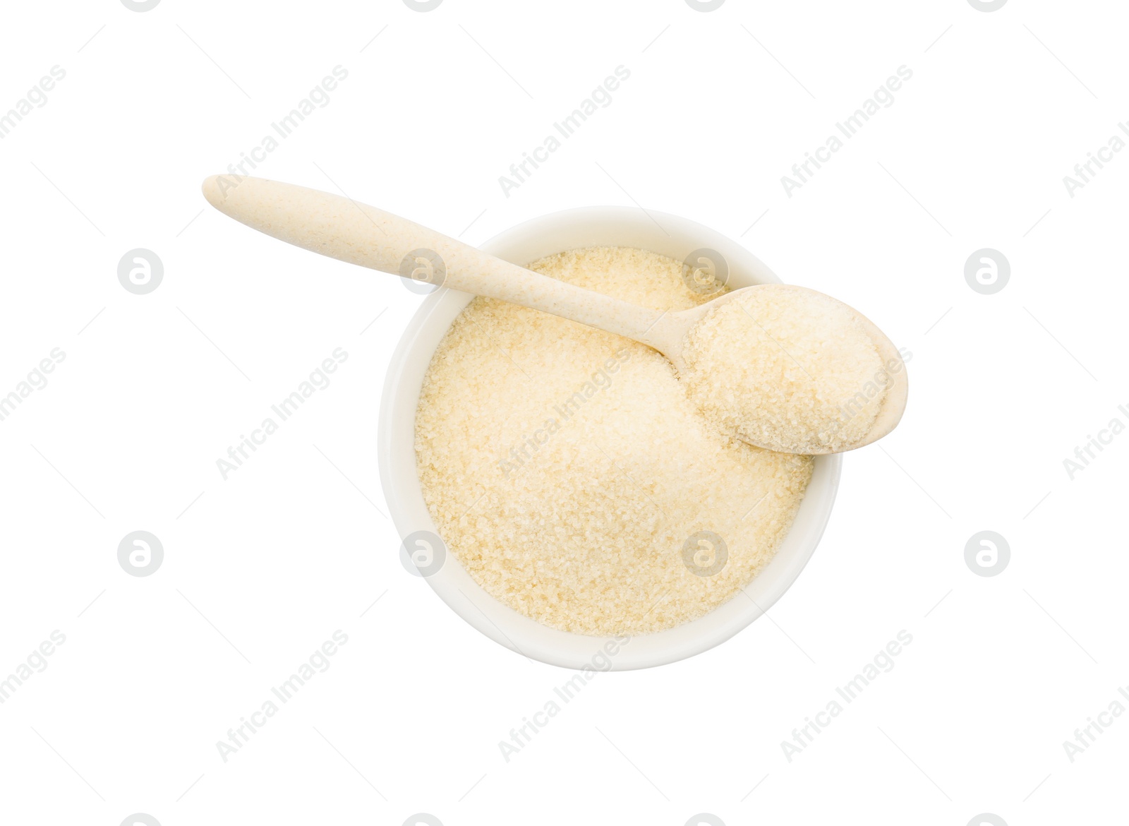 Photo of Gelatin powder in spoon and bowl isolated on white, top view