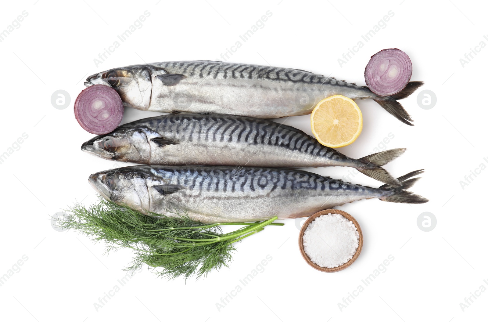 Photo of Tasty salted mackerels, cut onions, lemon and dill isolated on white, top view