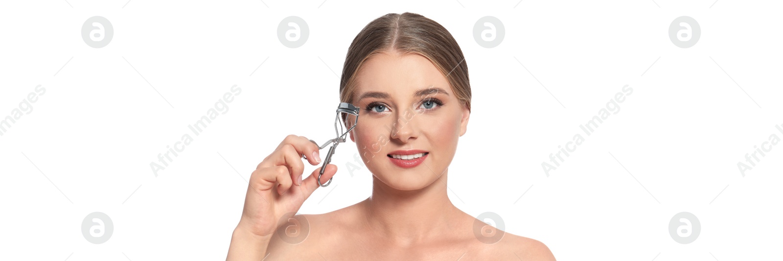 Image of Young woman with eyelash curler on white background. Banner design