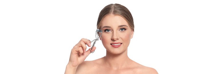 Image of Young woman with eyelash curler on white background. Banner design