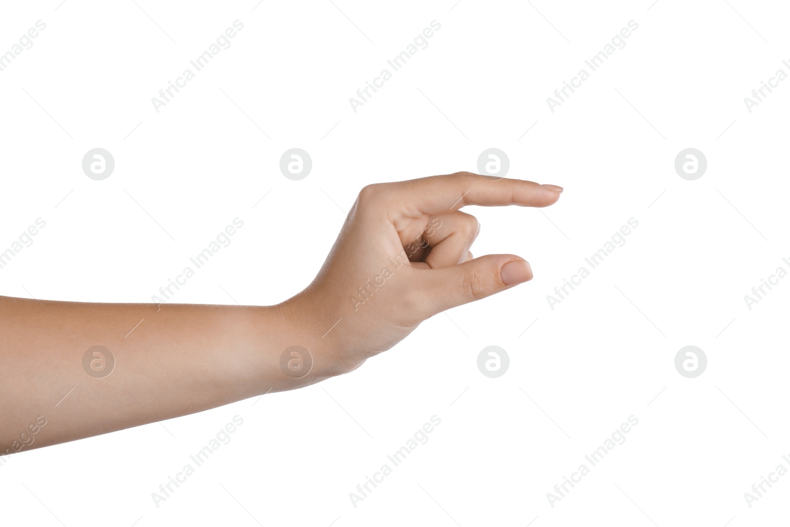 Photo of Woman holding something on white background, closeup of hand