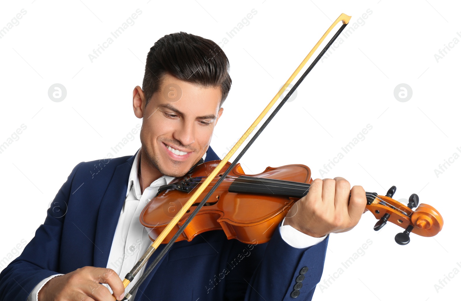 Photo of Happy man playing violin on white background