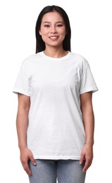 Woman wearing stylish t-shirt on white background