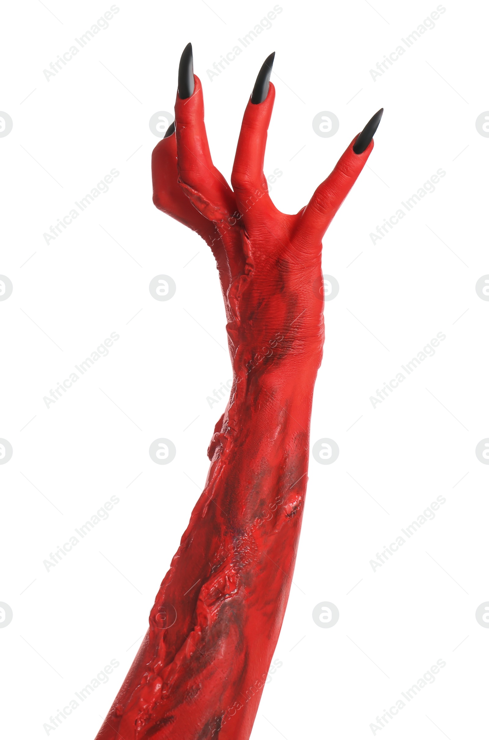 Photo of Scary monster on white background, closeup of hand. Halloween character