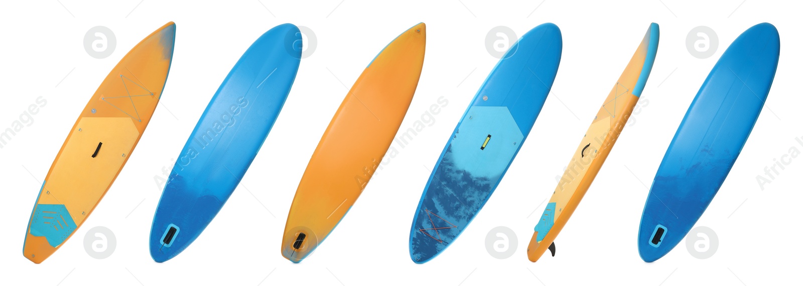 Image of Collage with SUP boards with paddle isolated on white, different sides