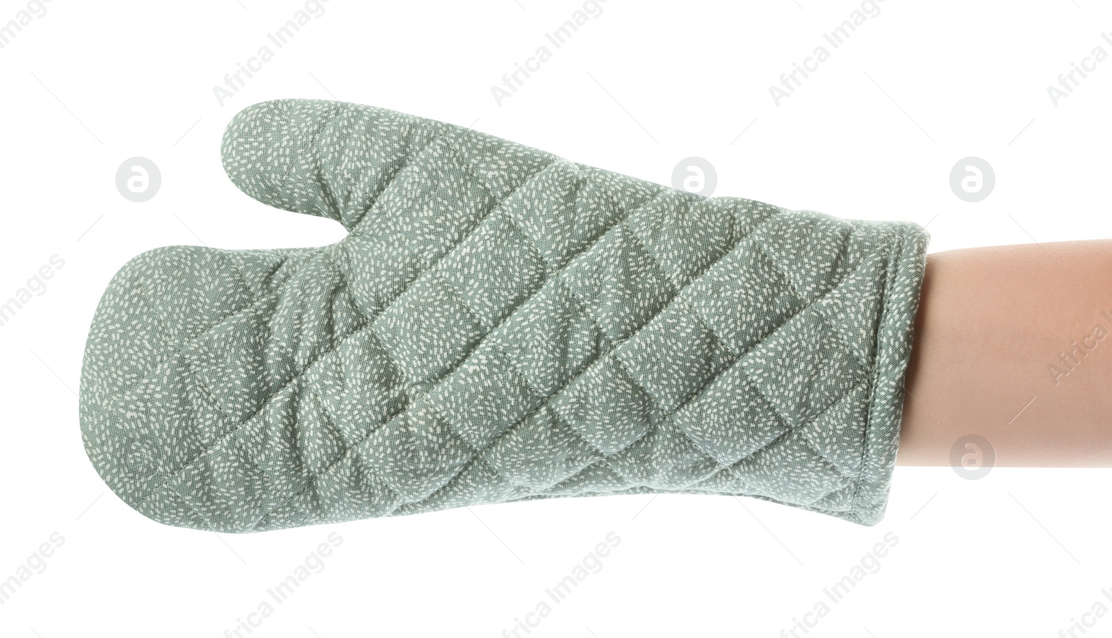 Photo of Chef in oven glove on white background, closeup