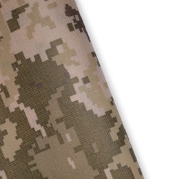 Photo of Camouflage fabric isolated on white, top view