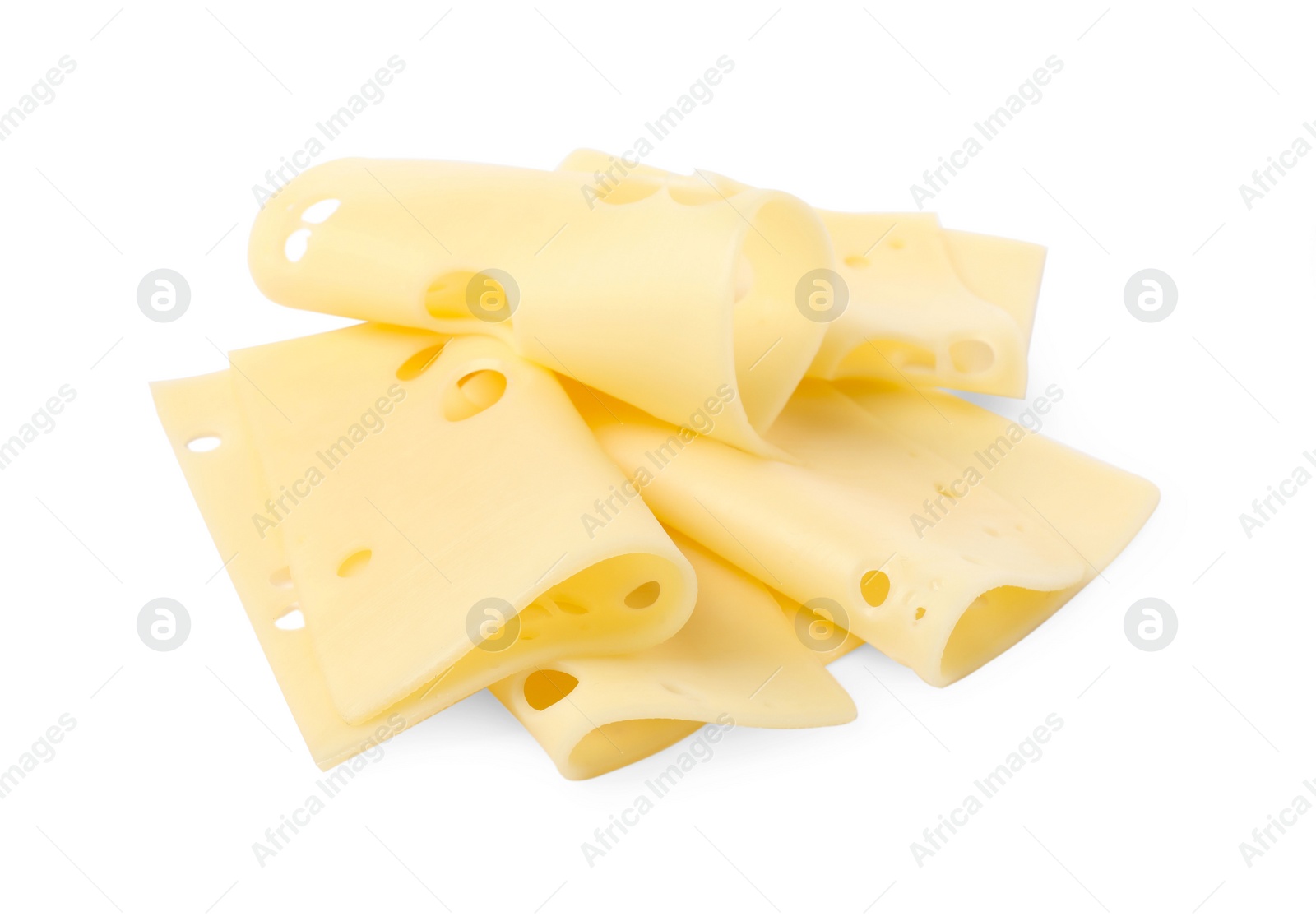 Photo of Slices of tasty fresh cheese isolated on white