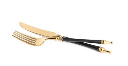 Photo of Knife and fork isolated on white. Stylish shiny cutlery set