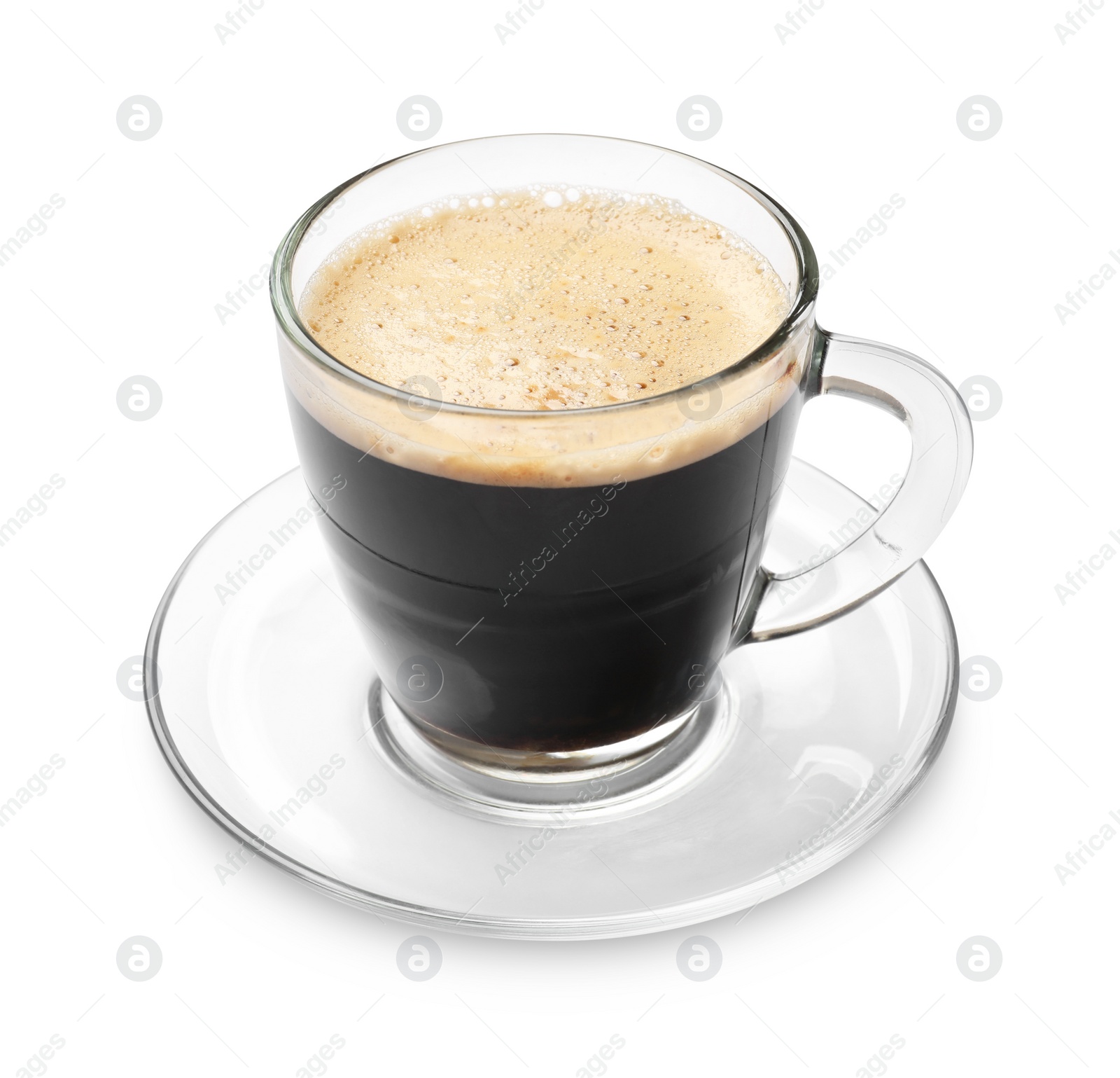 Photo of Aromatic coffee in glass cup isolated on white