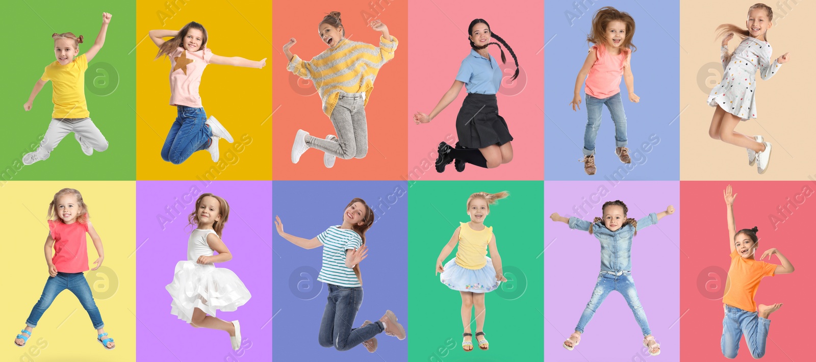 Image of Group of children jumping on color backgrounds, set of photos