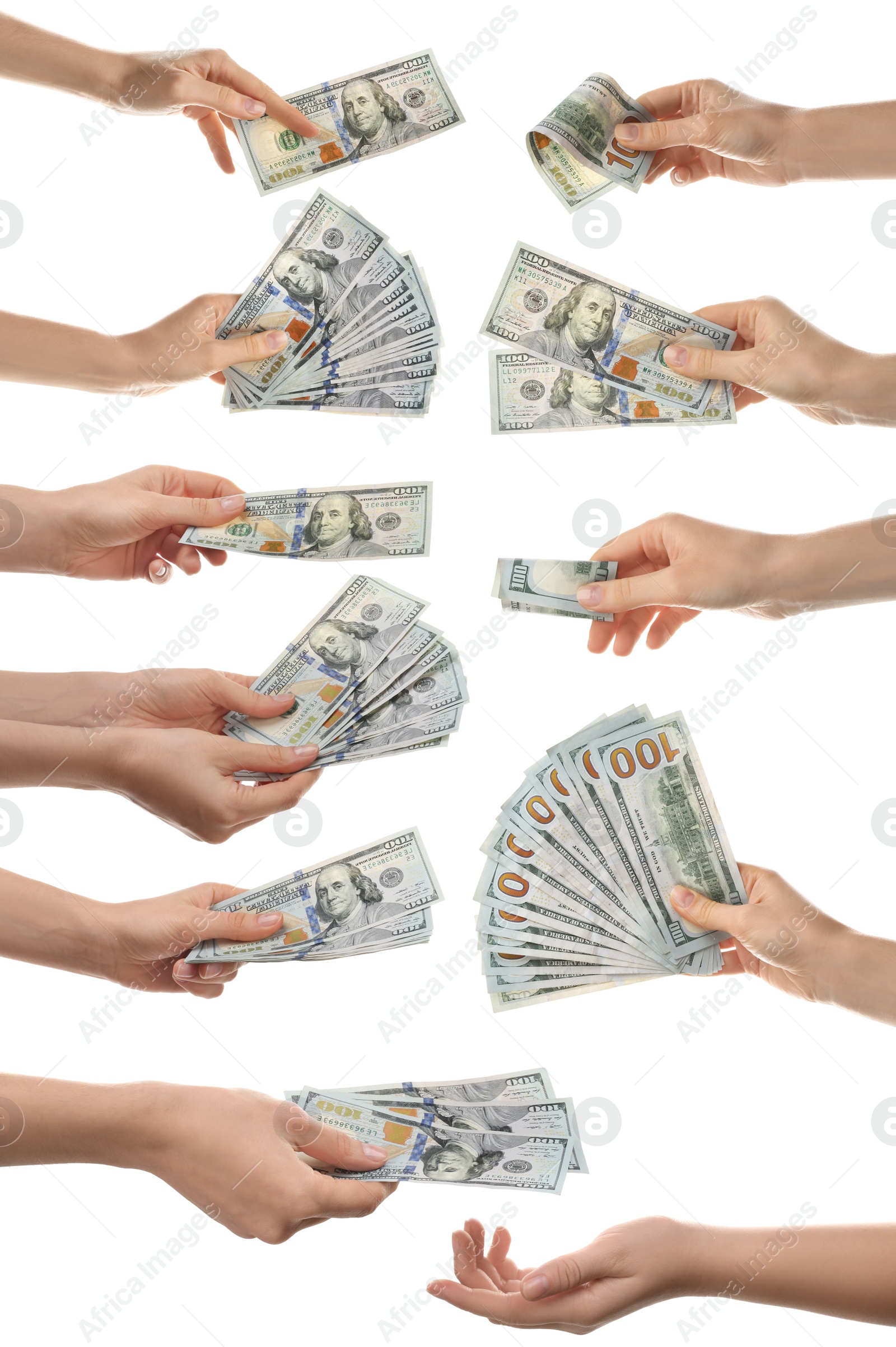 Image of Collage of women with money on white background, closeup. American dollars