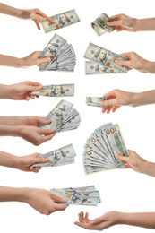 Image of Collage of women with money on white background, closeup. American dollars