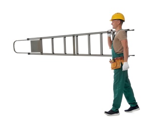 Professional constructor with ladder on white background