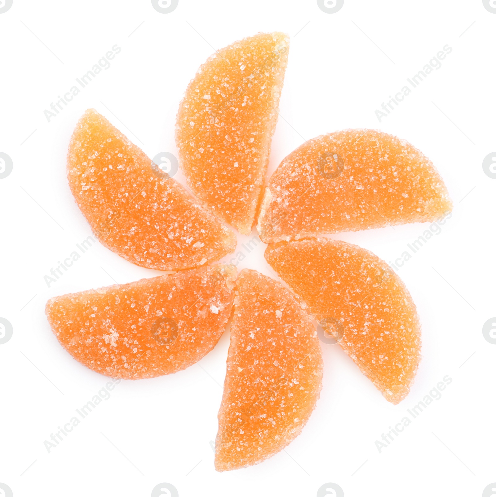 Photo of Sweet orange jelly candies on white background, top view