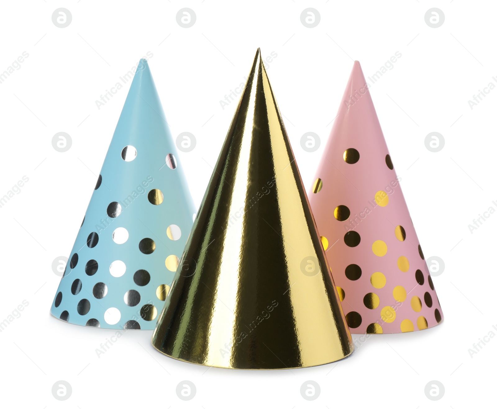 Photo of Bright party hats on white background. Festive accessory