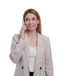 Photo of Beautiful happy businesswoman talking on smartphone against white background