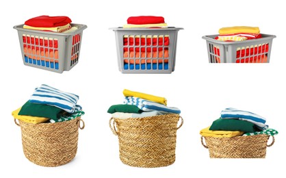 Image of Collage with laundry baskets full of clothes on white background, views from different sides