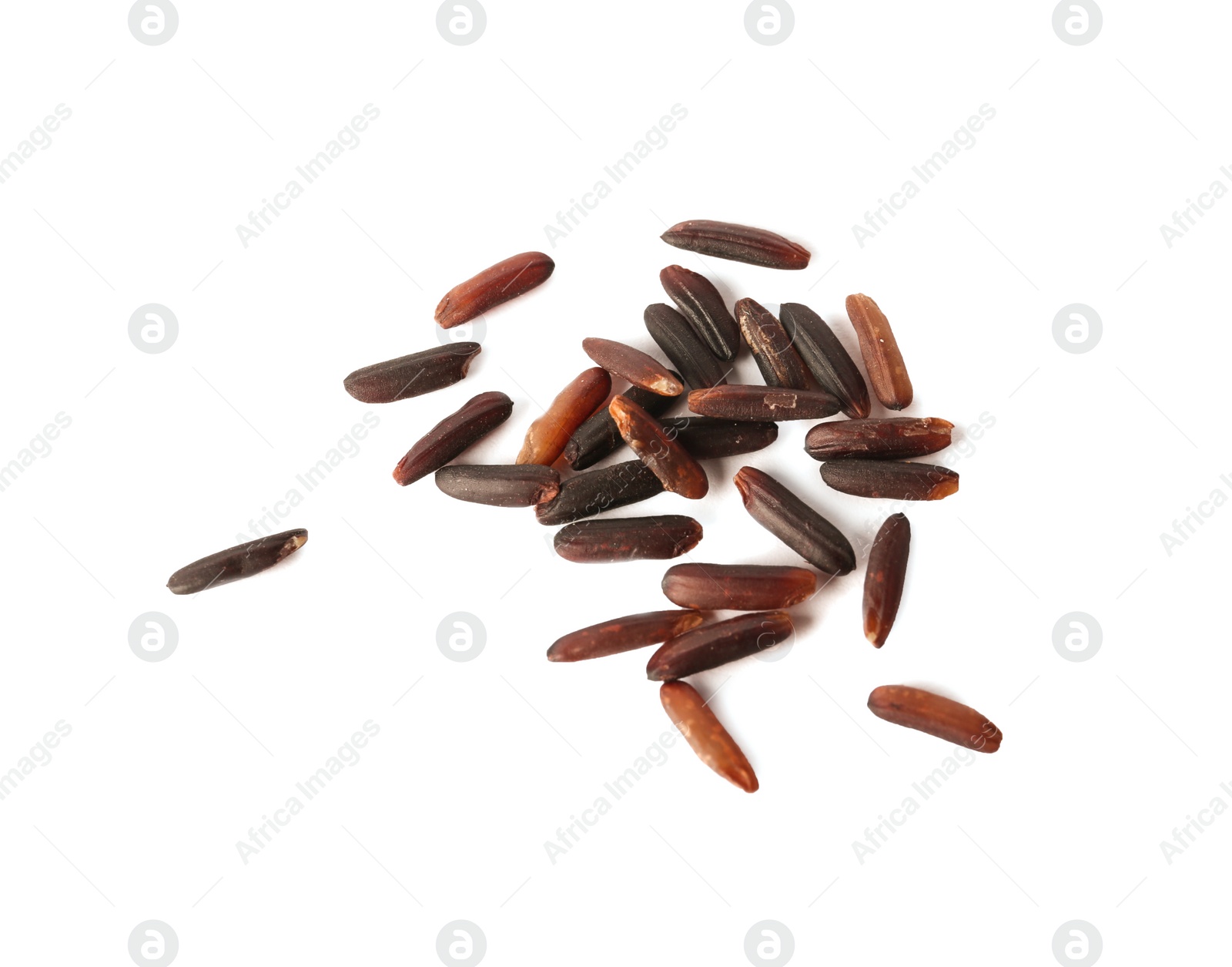 Photo of Uncooked black rice on white background, top view