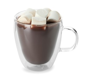 Photo of Cup of aromatic hot chocolate with marshmallows isolated on white