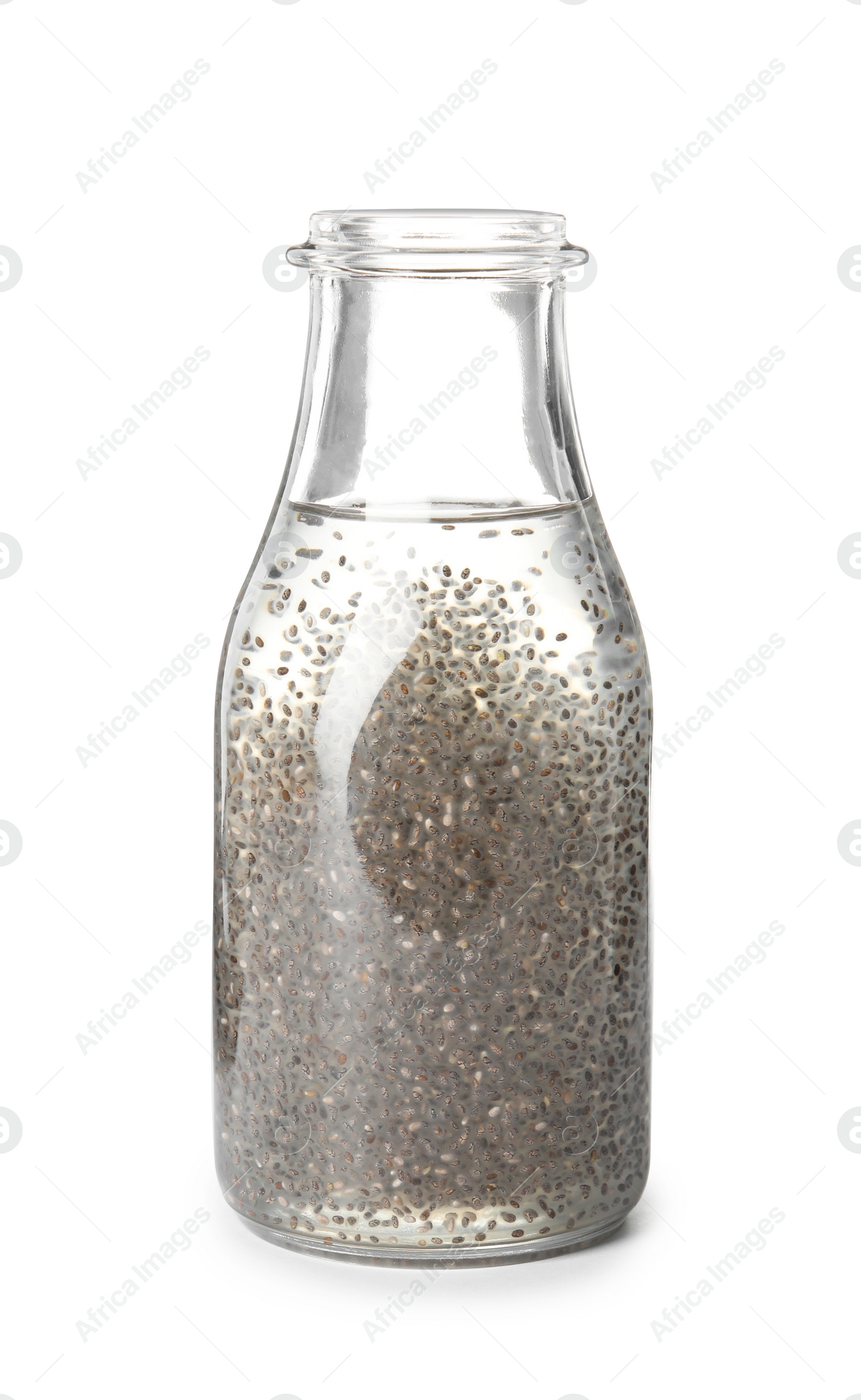 Photo of Bottle of water with chia seeds on white background