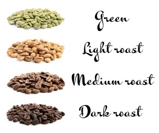 Image of Set with green and roasted coffee beans on white background 