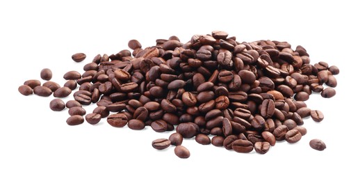 Pile of roasted coffee beans isolated on white