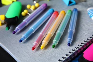 Different stationery on table, closeup. Back to school