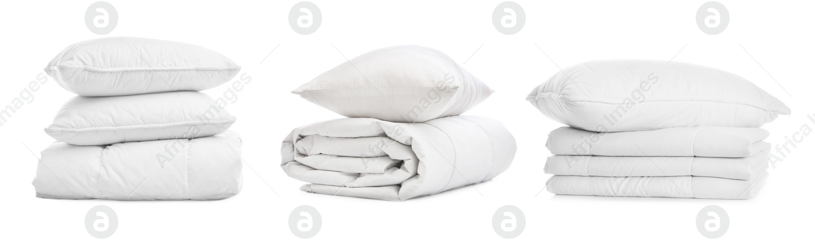 Image of Set of blankets and pillows isolated on white. Banner design 