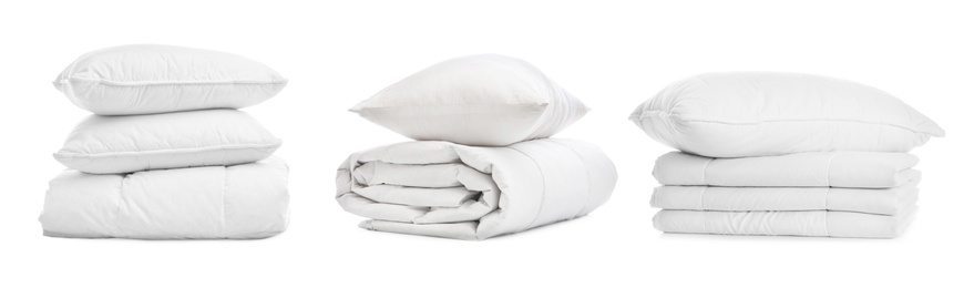 Image of Set of blankets and pillows isolated on white. Banner design 