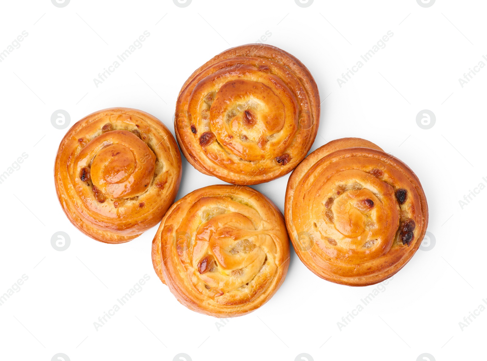 Photo of Delicious rolls with raisins isolated on white, top view. Sweet buns