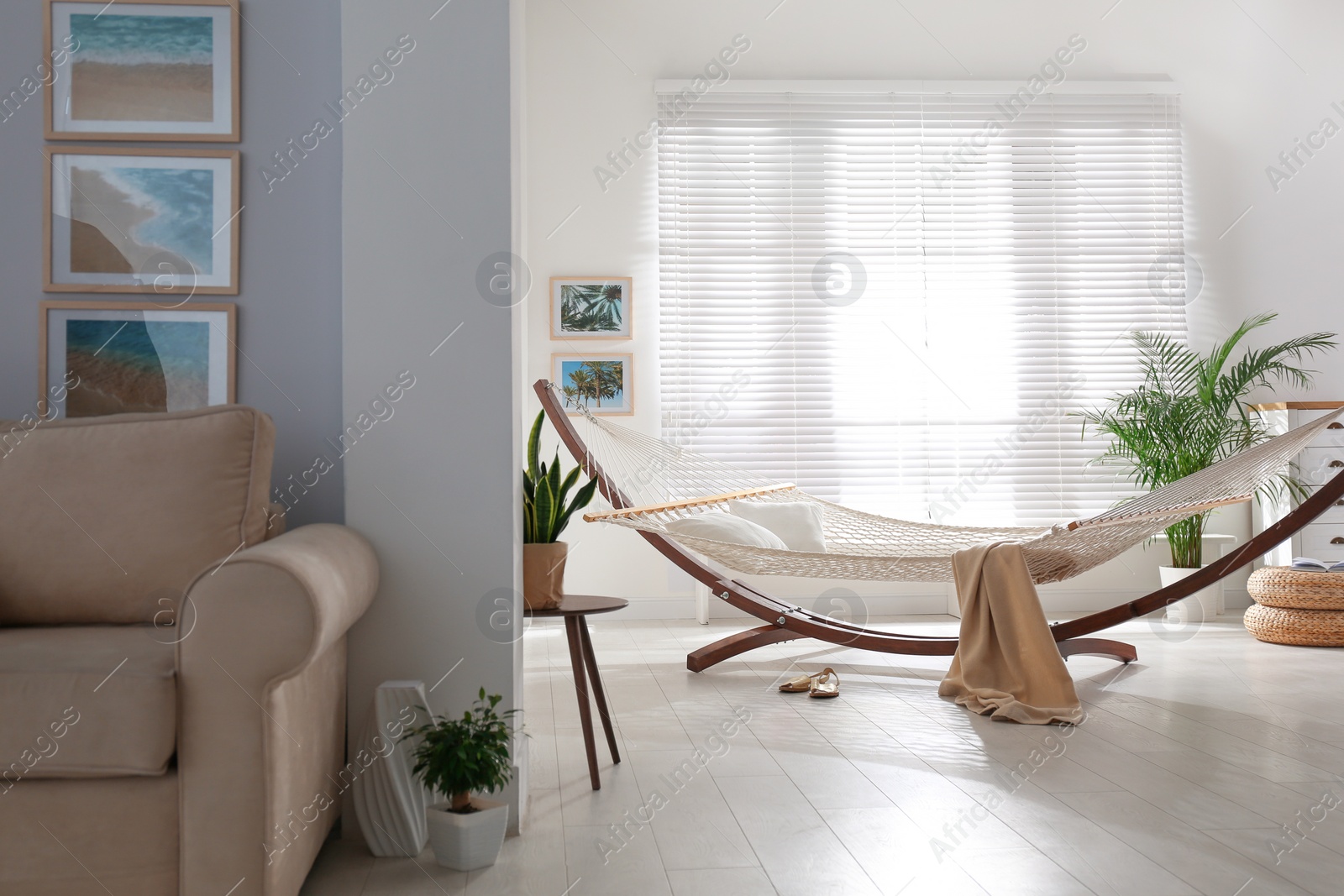 Photo of Comfortable hammock with pillows in stylish room. Interior design