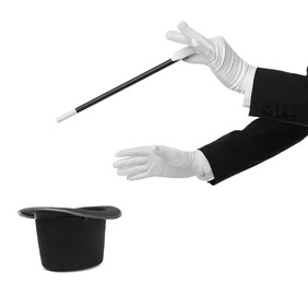 Image of Magician showing trick with wand and top hat on white background, closeup