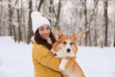 Woman with adorable Pembroke Welsh Corgi dog in snowy park