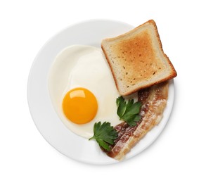 Photo of Tasty fried egg with toast and bacon in plate isolated on white, top view