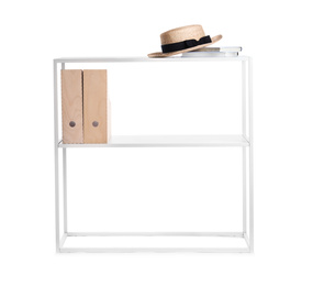 Photo of Stylish shelving unit with hat, books and folders on white