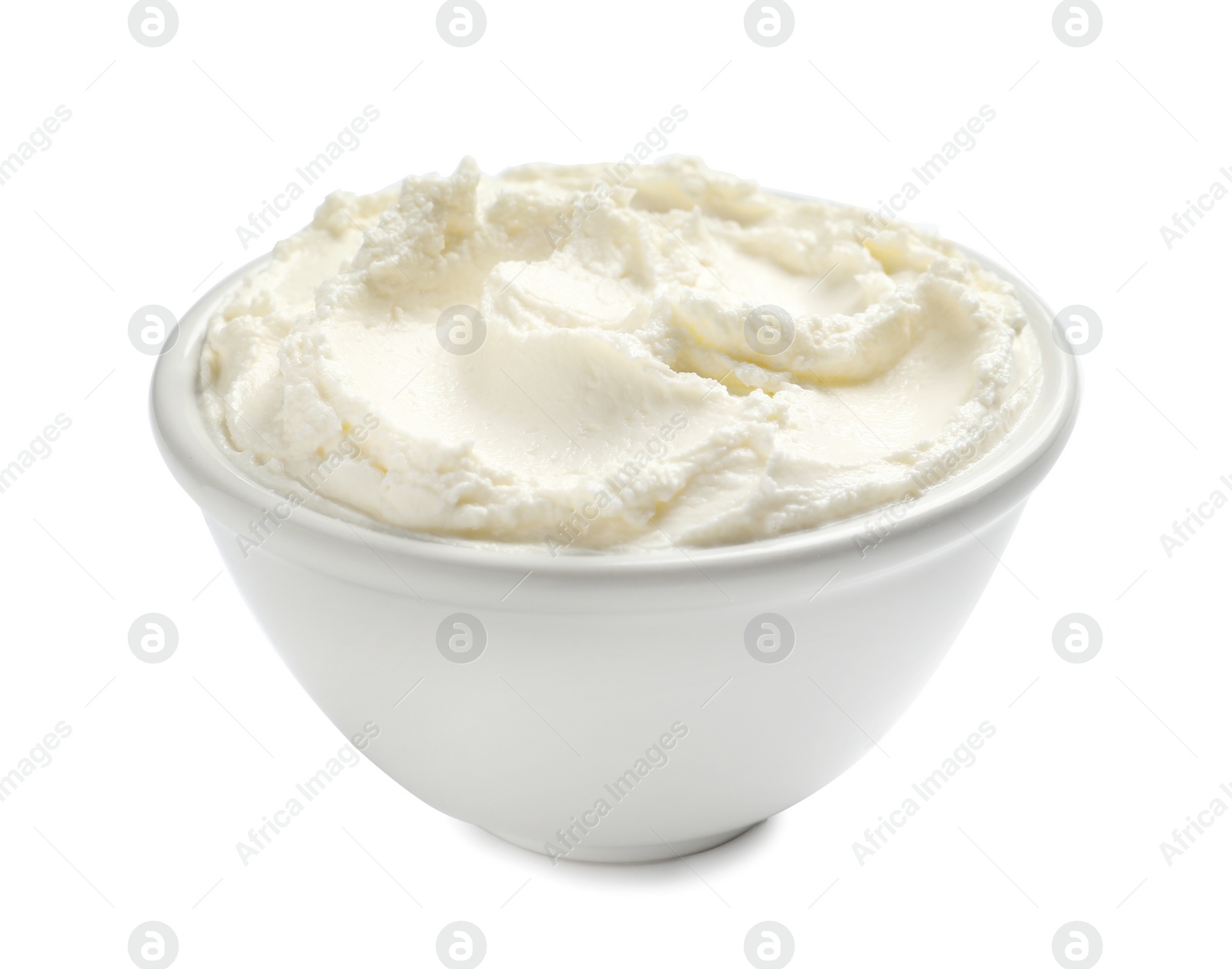 Photo of Bowl of tasty cream cheese on white background