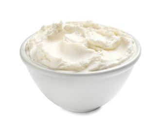 Photo of Bowl of tasty cream cheese on white background