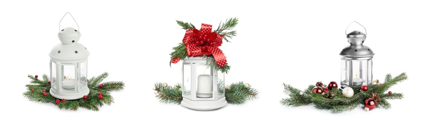 Image of Set with beautiful decorative Christmas lanterns on white background, banner design