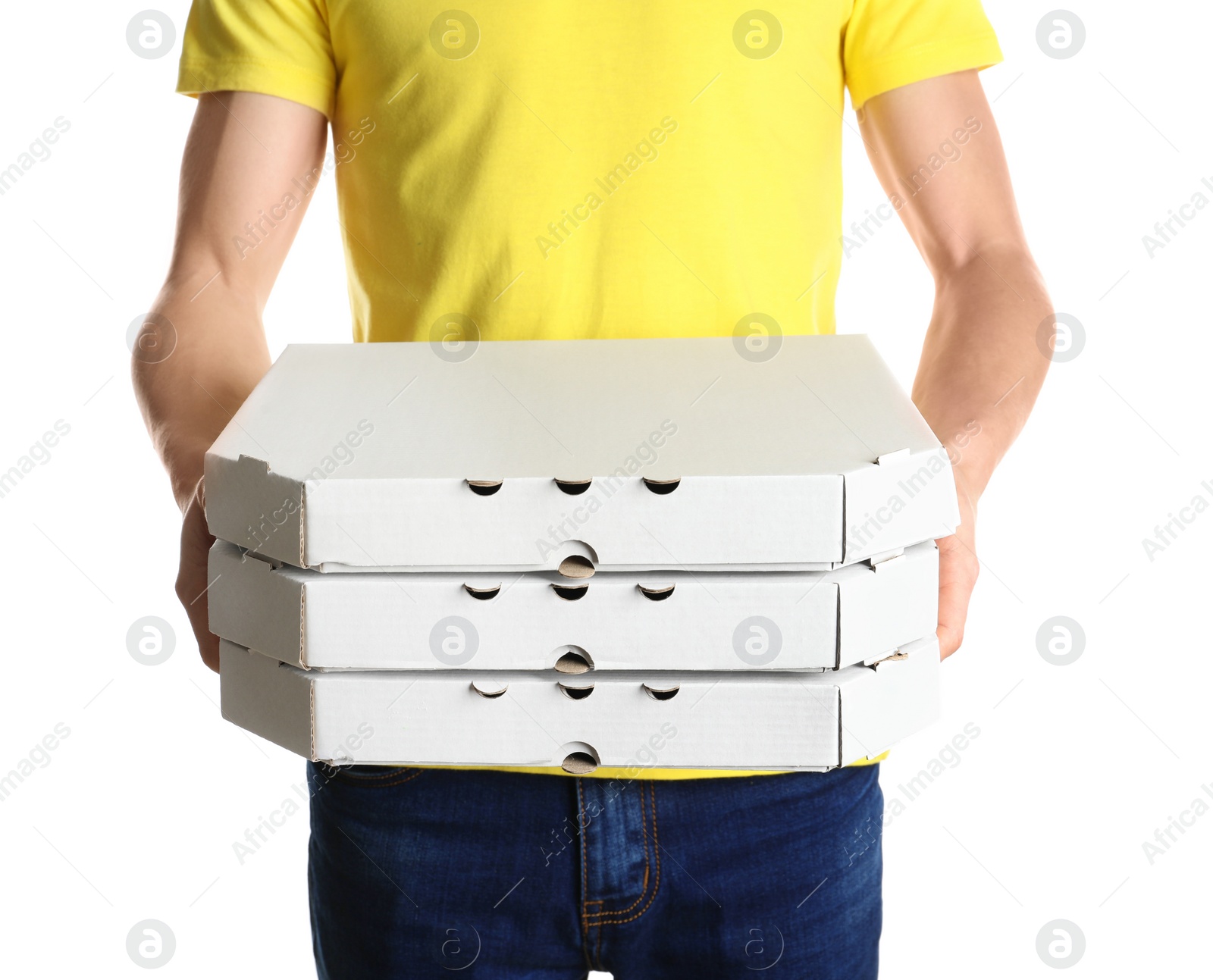 Photo of Young man with pizza boxes on white background. Food delivery service