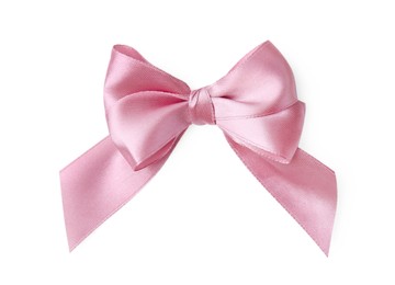 Pink satin ribbon bow on white background, top view