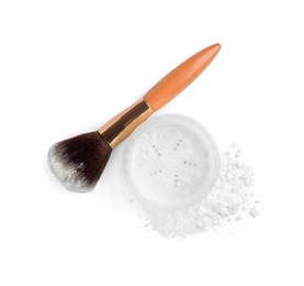 Rice face powder and brush on white background, top view. Natural cosmetic