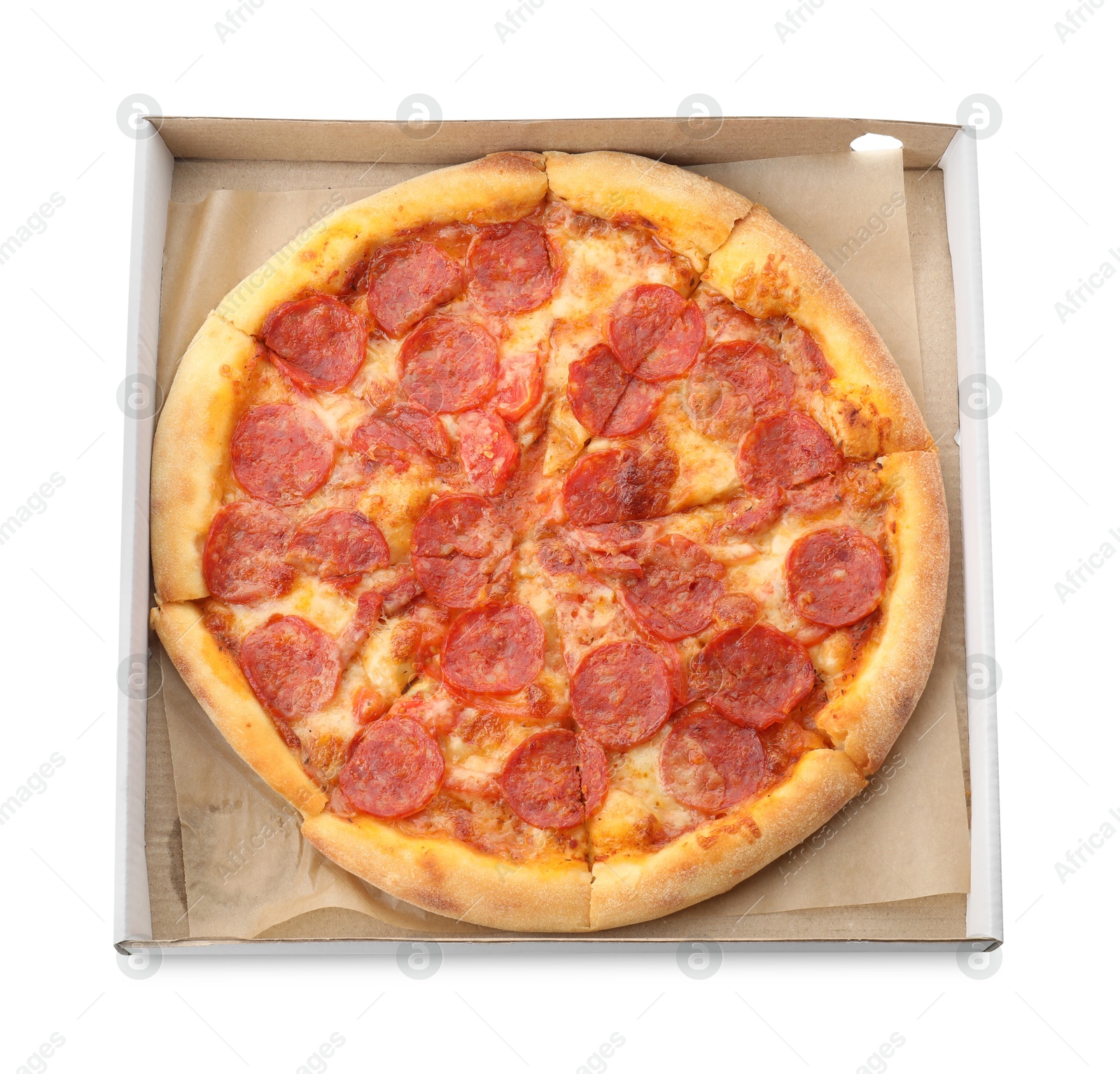 Photo of Tasty pepperoni pizza in cardboard box isolated on white, top view