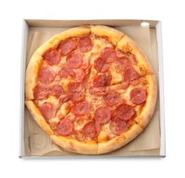 Tasty pepperoni pizza in cardboard box isolated on white, top view