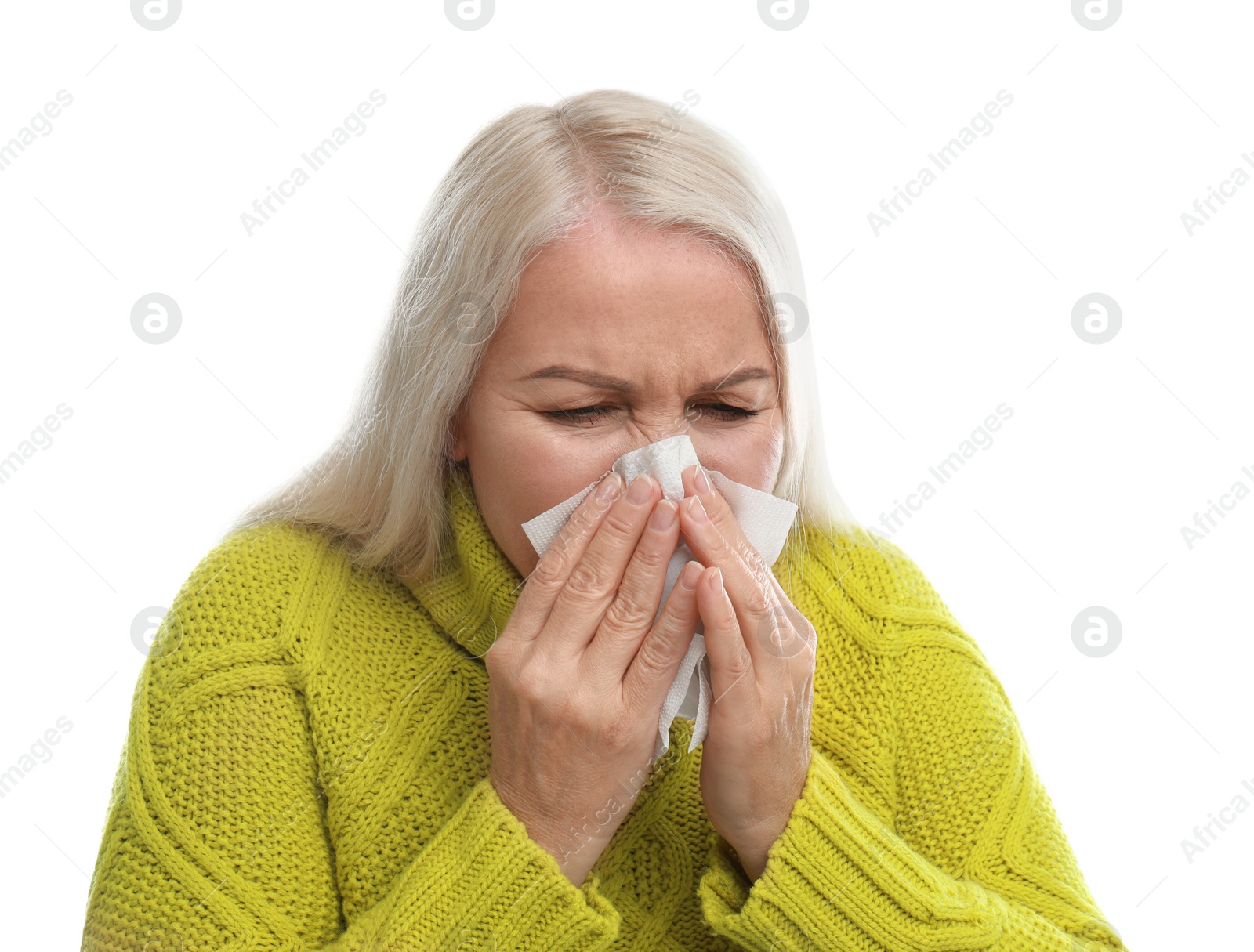Photo of Mature woman suffering from cold on white background