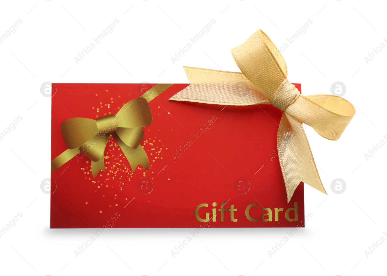 Photo of Gift card with bow isolated on white