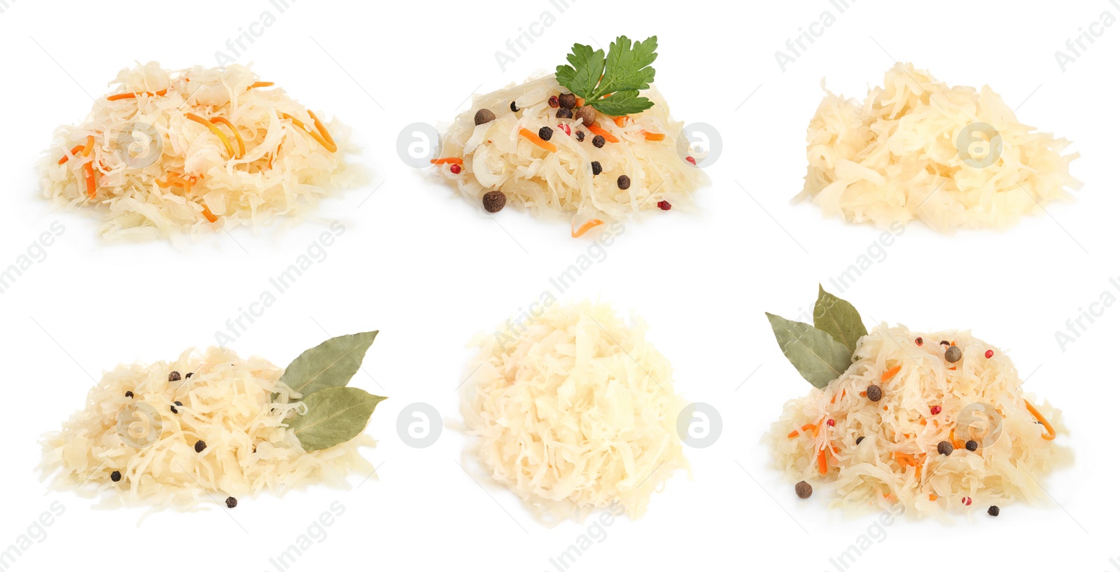 Image of Set with tasty fermented cabbage with carrot on white background. Banner design