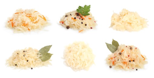 Image of Set with tasty fermented cabbage with carrot on white background. Banner design