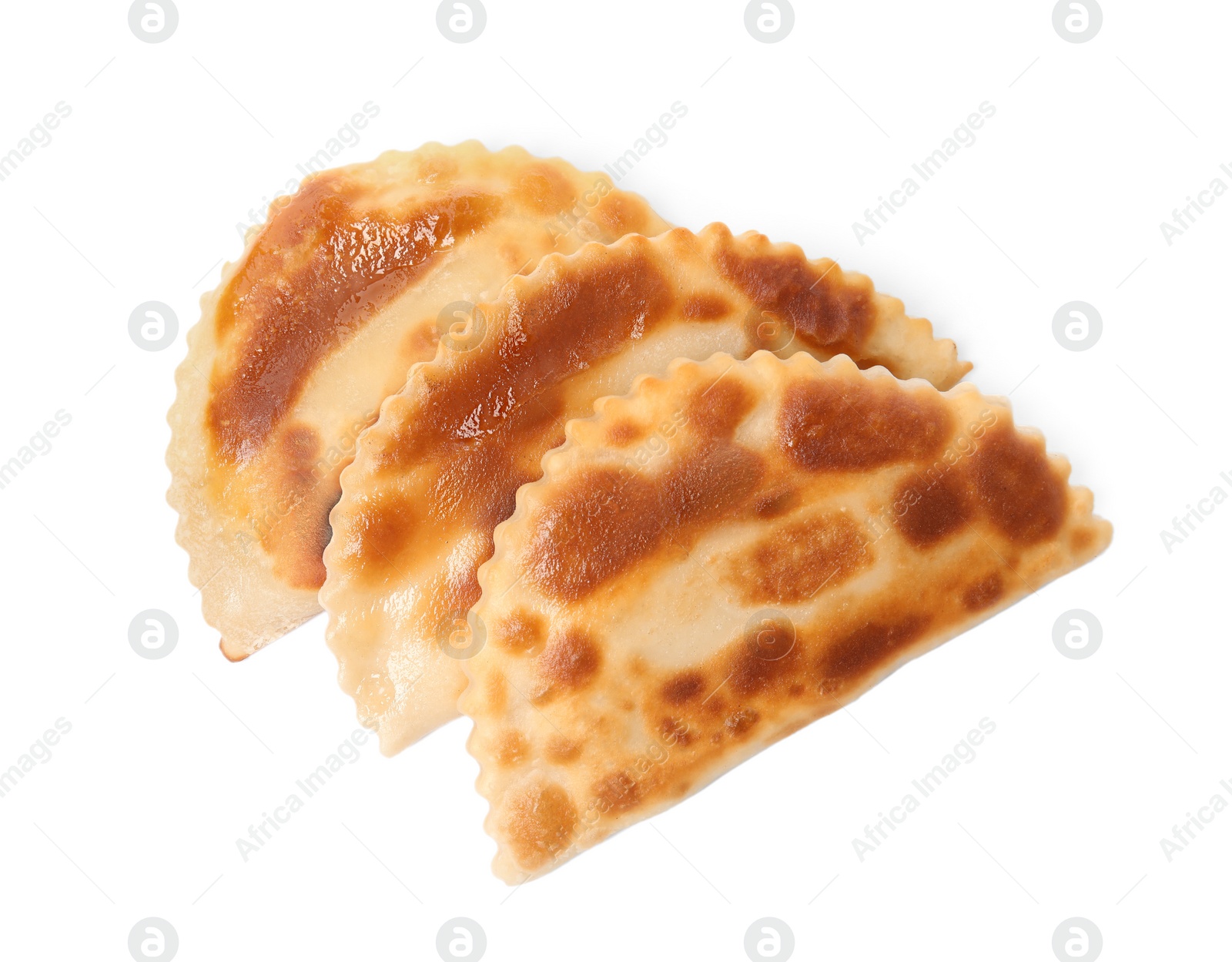 Photo of Delicious fried chebureki isolated on white, top view. Traditional pastry